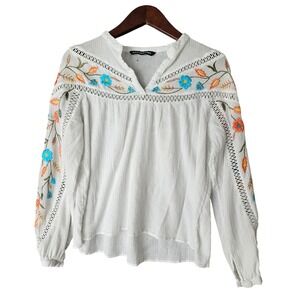 KAS New York Floral Embroidered White Peasant‎ Gauze Blouse Long Sleeve Size S